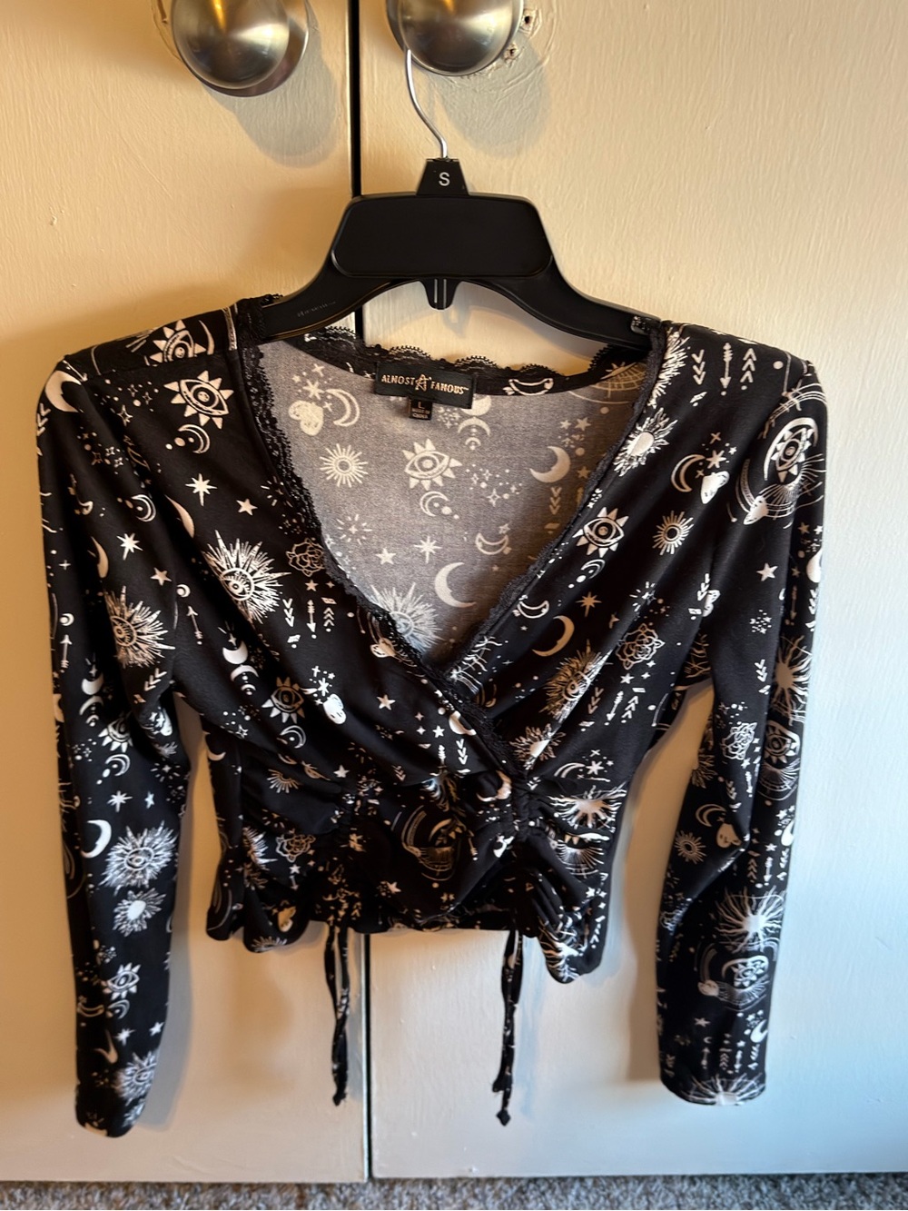 Almost Famous Black Celestial Wrap Crop Top with Moon & Sun Print